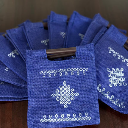 Blue Kolam Jute Bag with Wooden Handle Return Gift | TRG0108 | Handcrafted Kolam Print Jute Tote Under ₹100 | Traditional Wedding, Reception & Pooja Favor Bag
