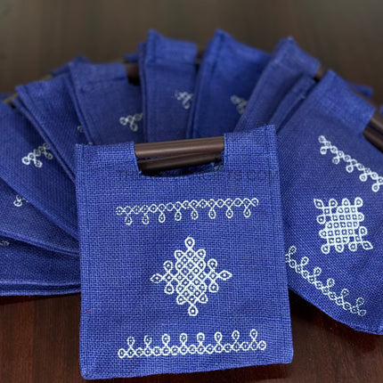 Blue Kolam Jute Bag with Wooden Handle Return Gift | TRG0108 | Handcrafted Kolam Print Jute Tote Under ₹100 | Traditional Wedding, Reception & Pooja Favor Bag