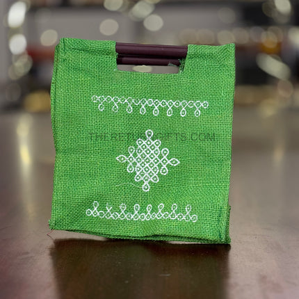 Green Kolam Jute Bag with Wooden Handle Return Gift | TRG0109 | Handcrafted Kolam Print Jute Tote Under ₹100 | Traditional Wedding, Navratri & Pooja Favor Bag