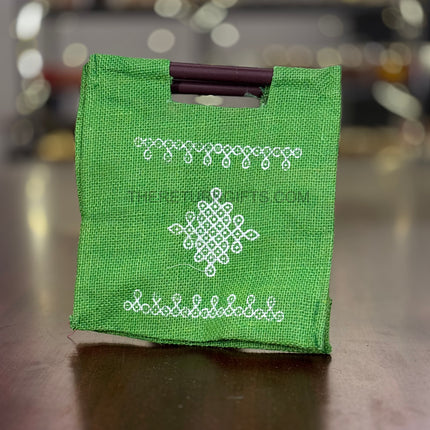 Green Kolam Jute Bag with Wooden Handle Return Gift | TRG0109 | Handcrafted Kolam Print Jute Tote Under ₹100 | Traditional Wedding, Navratri & Pooja Favor Bag
