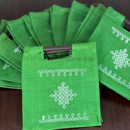 Green Kolam Jute Bag with Wooden Handle Return Gift | TRG0109 | Handcrafted Kolam Print Jute Tote Under ₹100 | Traditional Wedding, Navratri & Pooja Favor Bag