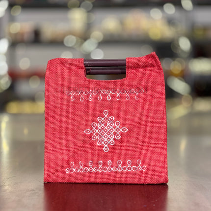 Red Kolam Jute Bag with Wooden Handle Return Gift | TRG0111 | Handcrafted Kolam Print Jute Tote Under ₹100 | Traditional Wedding, Seemantham & Pooja Favor Bag