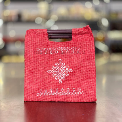 Red Kolam Jute Bag with Wooden Handle Return Gift | TRG0111 | Handcrafted Kolam Print Jute Tote Under ₹100 | Traditional Wedding, Seemantham & Pooja Favor Bag