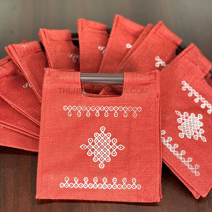 Red Kolam Jute Bag with Wooden Handle Return Gift | TRG0111 | Handcrafted Kolam Print Jute Tote Under ₹100 | Traditional Wedding, Seemantham & Pooja Favor Bag
