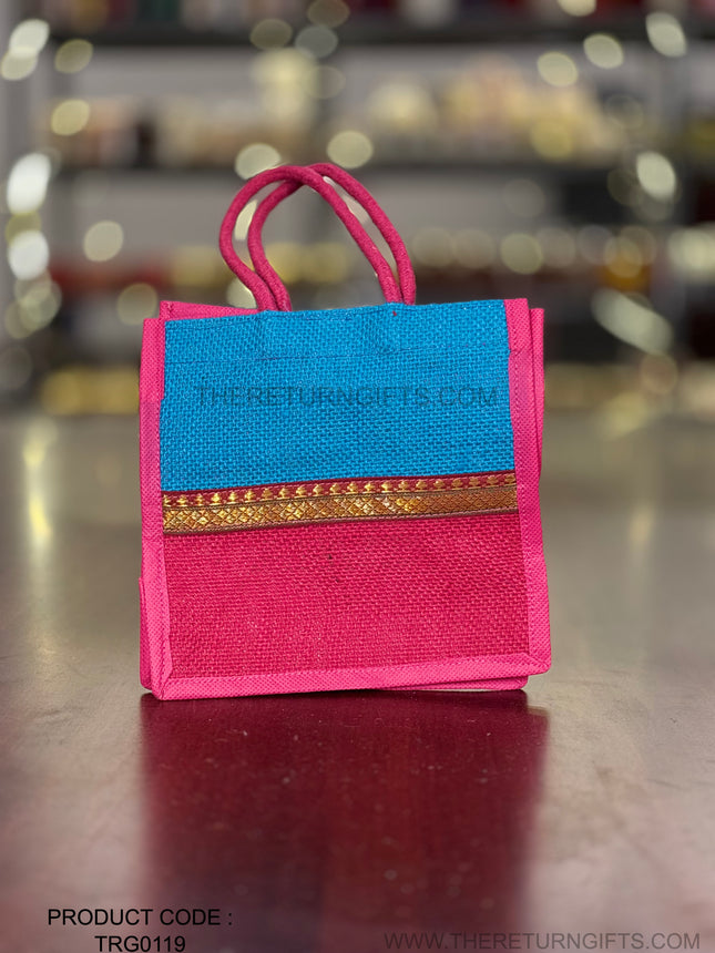 Blue & Pink Jute Gift Bag with Decorative Border Return Gift | TRG0119 | Dual‑Colour Jute Thamboolam Bag with Festive Border Under ₹100 | Wedding, Seemantham & Pooja Favor