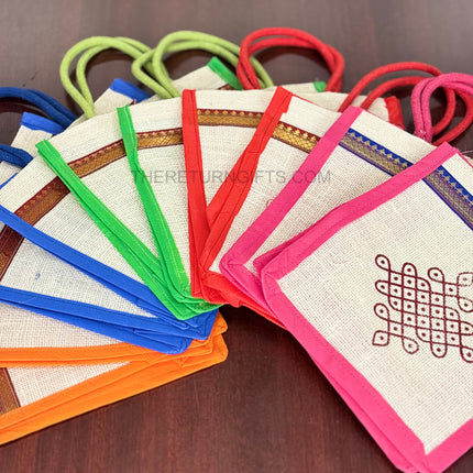 Multi‑Colour Jute Bags with Rangoli Print Return Gift | TRG0115 | Colourful Rangoli Design Jute Thamboolam Bag Under ₹100 | Wedding & Housewarming Favor