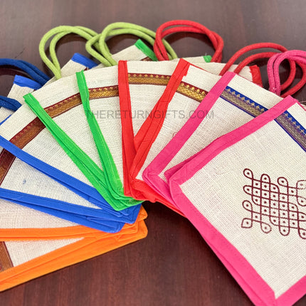 Multi‑Colour Jute Bags with Rangoli Print Return Gift | TRG0115 | Colourful Rangoli Design Jute Thamboolam Bag Under ₹100 | Wedding & Housewarming Favor