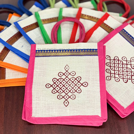 Multi‑Colour Jute Bags with Rangoli Print Return Gift | TRG0115 | Colourful Rangoli Design Jute Thamboolam Bag Under ₹100 | Wedding & Housewarming Favor