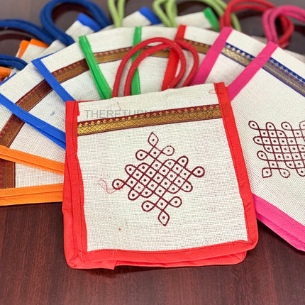 Multi‑Colour Jute Bags with Rangoli Print Return Gift | TRG0115 | Colourful Rangoli Design Jute Thamboolam Bag Under ₹100 | Wedding & Housewarming Favor