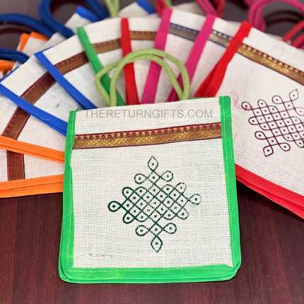 Multi‑Colour Jute Bags with Rangoli Print Return Gift | TRG0115 | Colourful Rangoli Design Jute Thamboolam Bag Under ₹100 | Wedding & Housewarming Favor