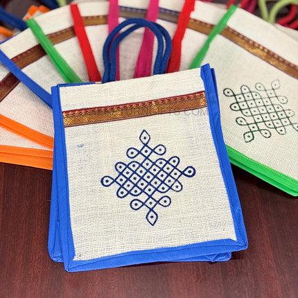 Multi‑Colour Jute Bags with Rangoli Print Return Gift | TRG0115 | Colourful Rangoli Design Jute Thamboolam Bag Under ₹100 | Wedding & Housewarming Favor