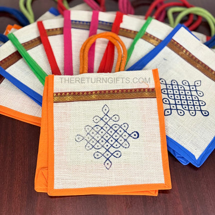 Multi‑Colour Jute Bags with Rangoli Print Return Gift | TRG0115 | Colourful Rangoli Design Jute Thamboolam Bag Under ₹100 | Wedding & Housewarming Favor