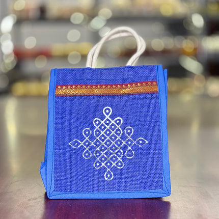 Blue Jute Bag with White Rangoli Print Return Gift | TRG0113 | Festive Rangoli Design Jute Thamboolam Bag Under ₹100 | Wedding & Housewarming Favor