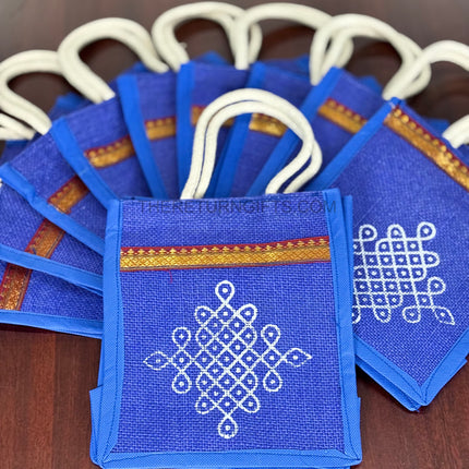 Blue Jute Bag with White Rangoli Print Return Gift | TRG0113 | Festive Rangoli Design Jute Thamboolam Bag Under ₹100 | Wedding & Housewarming Favor