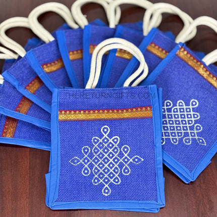 Blue Jute Bag with White Rangoli Print Return Gift | TRG0113 | Festive Rangoli Design Jute Thamboolam Bag Under ₹100 | Wedding & Housewarming Favor