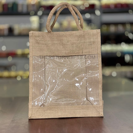 Natural Jute Bag with Transparent Front Return Gift L | TRG0068 | Large Jute Gift Hamper Bag with Window Under ₹150 | Eco‑Friendly Wedding, Housewarming & Festive Favor