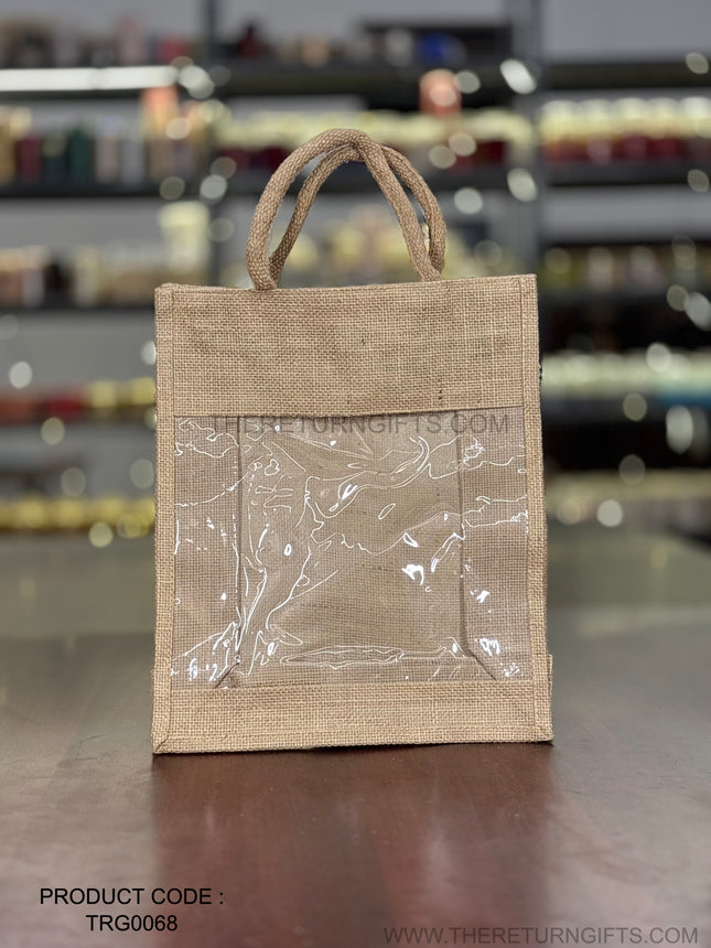 Natural Jute Bag with Transparent Front Return Gift L | TRG0068 | Large Jute Gift Hamper Bag with Window Under ₹150 | Eco‑Friendly Wedding, Housewarming & Festive Favor