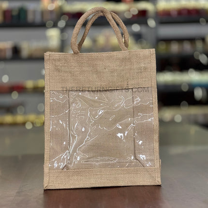 Natural Jute Bag with Transparent Front Return Gift L | TRG0068 | Large Jute Gift Hamper Bag with Window Under ₹150 | Eco‑Friendly Wedding, Housewarming & Festive Favor
