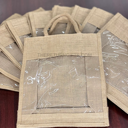 Natural Jute Bag with Transparent Front Return Gift L | TRG0068 | Large Jute Gift Hamper Bag with Window Under ₹150 | Eco‑Friendly Wedding, Housewarming & Festive Favor