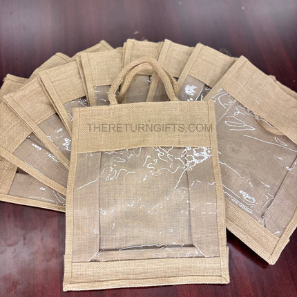 Natural Jute Bag with Transparent Front Return Gift L | TRG0068 | Large Jute Gift Hamper Bag with Window Under ₹150 | Eco‑Friendly Wedding, Housewarming & Festive Favor