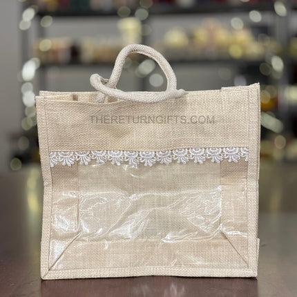 Beige Large Jute Bag with Transparent Window | TRG0065 | Large Jute Gift Bag Under ₹150 | Eco‑Friendly Wedding & Housewarming Favor Bag