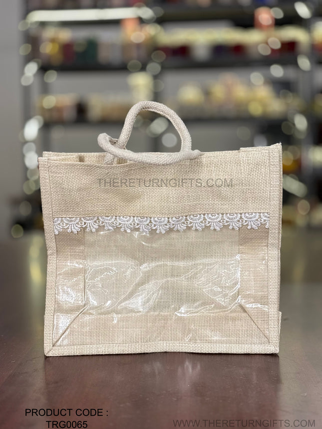 Beige Large Jute Bag with Transparent Window | TRG0065 | Large Jute Gift Bag Under ₹150 | Eco‑Friendly Wedding & Housewarming Favor Bag
