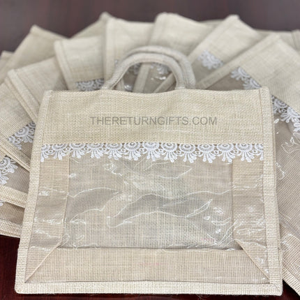 Beige Large Jute Bag with Transparent Window | TRG0065 | Large Jute Gift Bag Under ₹150 | Eco‑Friendly Wedding & Housewarming Favor Bag