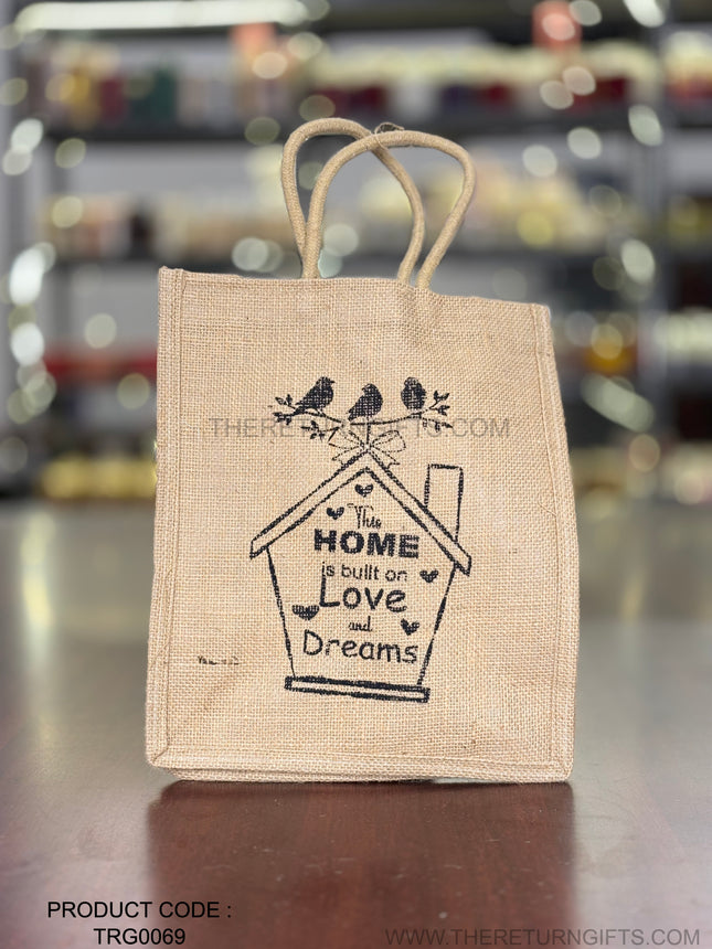 Natural Jute Home Quote Bag Return Gift | TRG0069 | Printed Jute Tote for Housewarming & Everyday Use Under ₹100 | Eco‑Friendly Home Theme Favor Bag