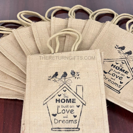 Natural Jute Home Quote Bag Return Gift | TRG0069 | Printed Jute Tote for Housewarming & Everyday Use Under ₹100 | Eco‑Friendly Home Theme Favor Bag