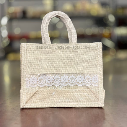 Beige Small Jute Bag with Transparent Window | TRG0063 | Small Jute Gift Bag Under ₹150 | Eco‑Friendly Wedding & Housewarming Favor Bag