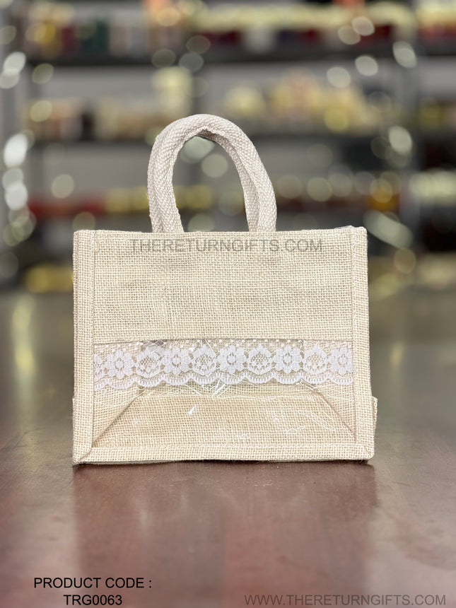 Beige Small Jute Bag with Transparent Window | TRG0063 | Small Jute Gift Bag Under ₹150 | Eco‑Friendly Wedding & Housewarming Favor Bag