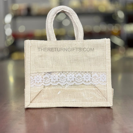 Beige Small Jute Bag with Transparent Window | TRG0063 | Small Jute Gift Bag Under ₹150 | Eco‑Friendly Wedding & Housewarming Favor Bag