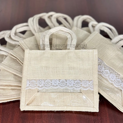 Beige Small Jute Bag with Transparent Window | TRG0063 | Small Jute Gift Bag Under ₹150 | Eco‑Friendly Wedding & Housewarming Favor Bag