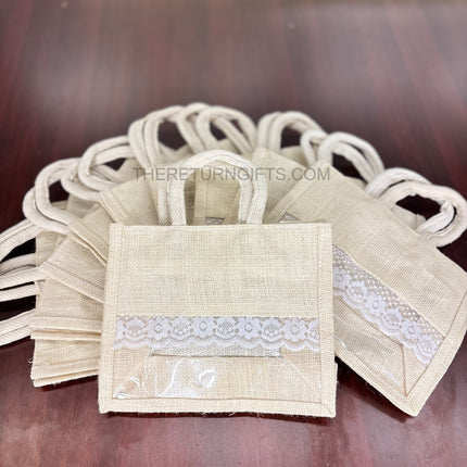 Beige Small Jute Bag with Transparent Window | TRG0063 | Small Jute Gift Bag Under ₹150 | Eco‑Friendly Wedding & Housewarming Favor Bag