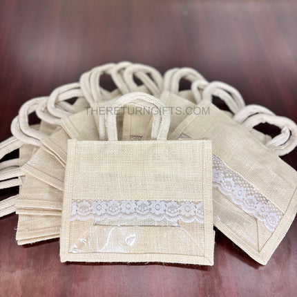 Beige Small Jute Bag with Transparent Window | TRG0063 | Small Jute Gift Bag Under ₹150 | Eco‑Friendly Wedding & Housewarming Favor Bag