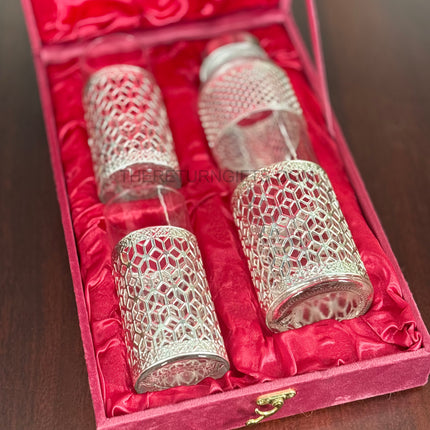 Silver Design Glass and Bottle Set Return Gift | TRG0131 | Velvet Box Drinkware Gift Under ₹1000 | Wedding & Festive Favor