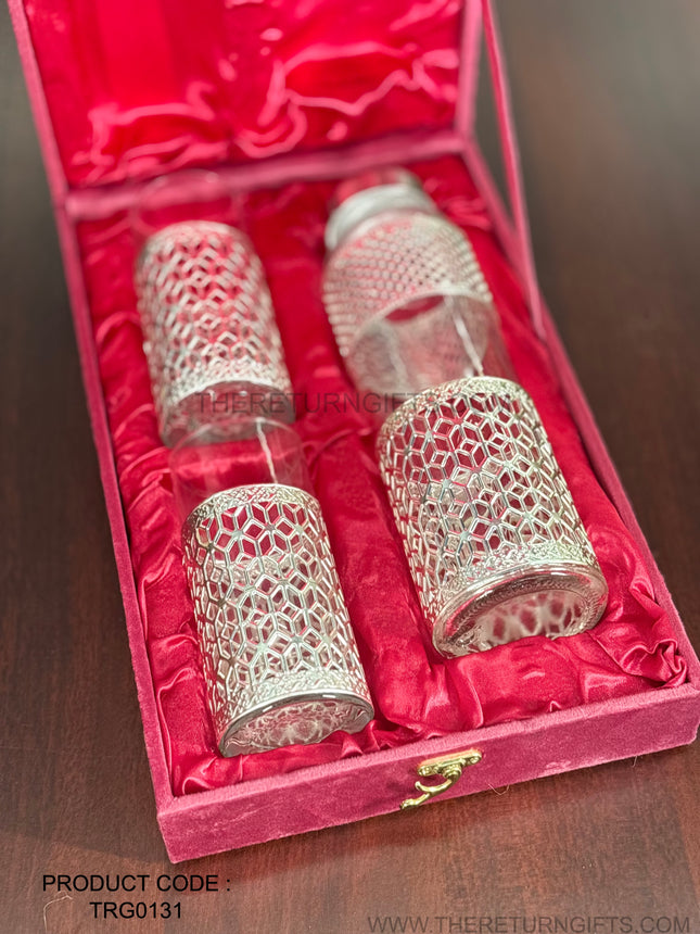 Silver Design Glass and Bottle Set Return Gift | TRG0131 | Velvet Box Drinkware Gift Under ₹1000 | Wedding & Festive Favor