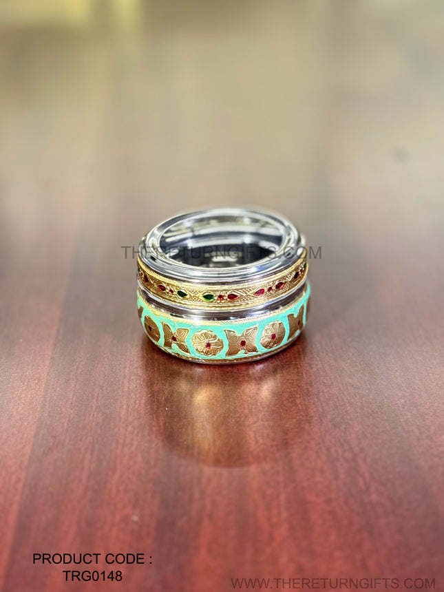 4" Green Meenakari German Silver Box Return Gift | TRG0148 | Traditional Meenakari Silver Storage Box | Wedding & Housewarming Favor Under ₹150