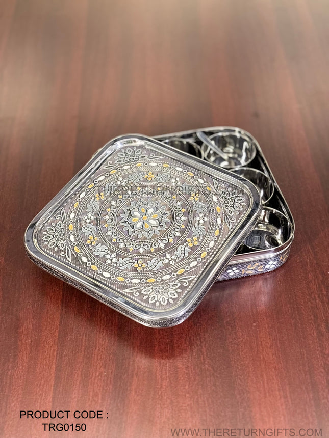 German Silver Square Spice Box Return Gift | TRG0150 | Traditional Silver Masala Storage Box | Wedding & Housewarming Favor Under ₹2500