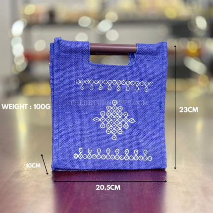 Blue Kolam Jute Bag with Wooden Handle Return Gift | TRG0108 | Handcrafted Kolam Print Jute Tote Under ₹100 | Traditional Wedding, Reception & Housewarming Favor Bag