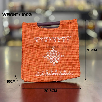 Orange Kolam Jute Bag with Wooden Handle Return Gift | TRG0110 | Handcrafted Kolam Print Jute Tote Under ₹100 | Traditional Wedding, Navratri & Housewarming Favor Bag