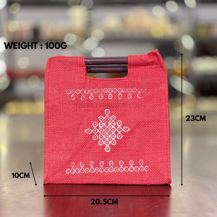 Red Kolam Jute Bag with Wooden Handle Return Gift | TRG0111 | Handcrafted Kolam Print Jute Tote Under ₹100 | Traditional Wedding, Seemantham & Housewarming Favor Bag