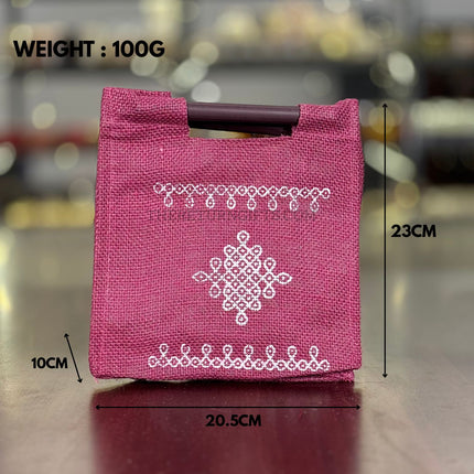 Purple Kolam Jute Bag with Wooden Handle Return Gift | TRG0112 | Handcrafted Kolam Print Jute Tote Under ₹100 | Traditional Wedding & Housewarming Favor Bag