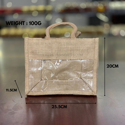 Small Horizontal Jute Bag with Transparent Front | TRG0066 | Mini Jute Window Gift Bag Under ₹100 | Eco‑Friendly Wedding & Baby Shower Return Gift