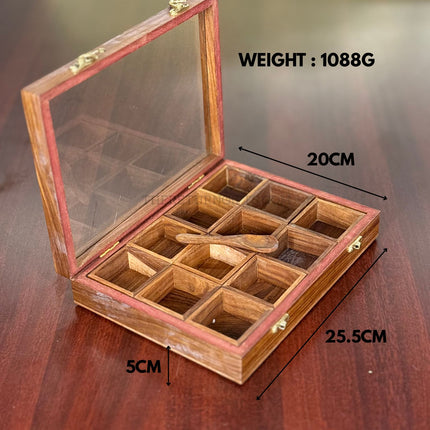 Wooden Spice Box with 12 Square Bowls & Spoon | TRG0046 | Premium 12‑Compartment Masala Dabba Kitchen Organizer Under ₹900 | Traditional Wedding & Housewarming Return Gift