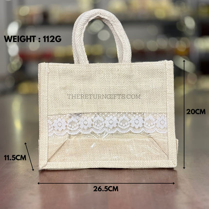 Beige Small Jute Bag with Transparent Window | TRG0063 | Small Jute Gift Bag Under ₹150 | Eco‑Friendly Wedding & Housewarming Favor Bag