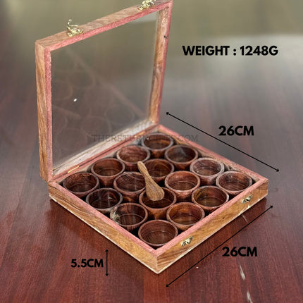 Wooden Masala Box with 16 Round Bowls & Spoon | TRG0050 | Premium 16‑Compartment Round Masala Dabba Kitchen Organizer Under ₹1000 | Traditional Wedding & Housewarming Return Gift