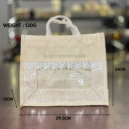 Beige Medium Jute Bag with Transparent Window | TRG0064 | Medium Jute Gift Bag with White Lace Handle | Eco‑Friendly Wedding & Housewarming Favor Under ₹150