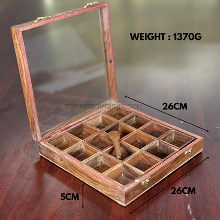 Wooden Spice Box with 16 Square Bowls & Spoon | TRG0047 | Premium Masala Dabba Kitchen Organizer Under ₹1000 | Traditional Wedding & Housewarming Return Gift