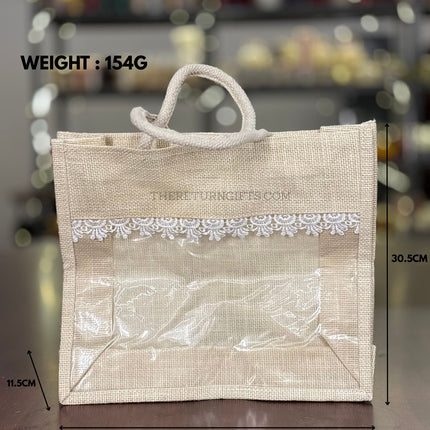 Beige Large Jute Bag with Transparent Window | TRG0065 | Large Jute Gift Bag Under ₹150 | Eco‑Friendly Wedding & Housewarming Favor Bag